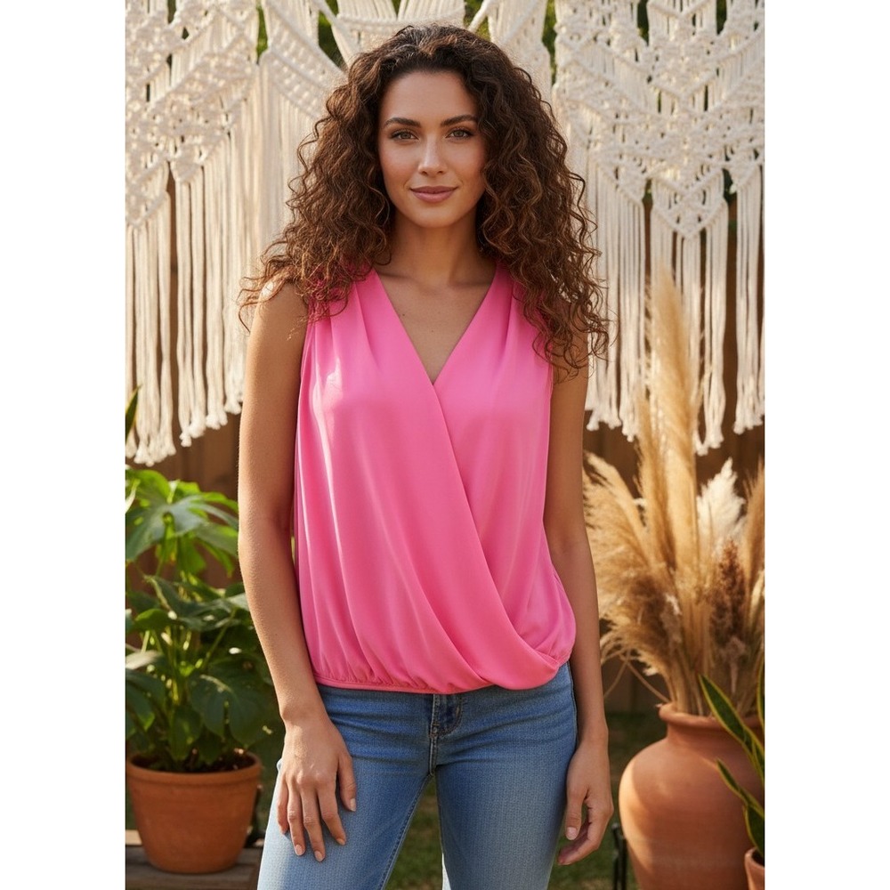 Ark & Co L Hot Pink Top Surplice Sleeveless Soft Girl Coquette Casual Office